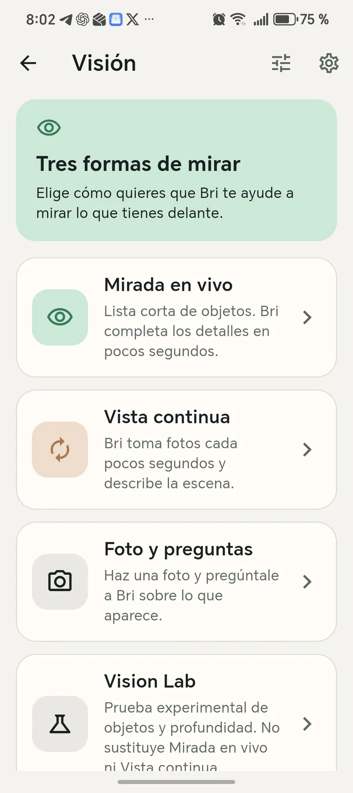 Modos de visión de Bri Vision: mirada en vivo, vista continua, foto y preguntas, y Vision Lab