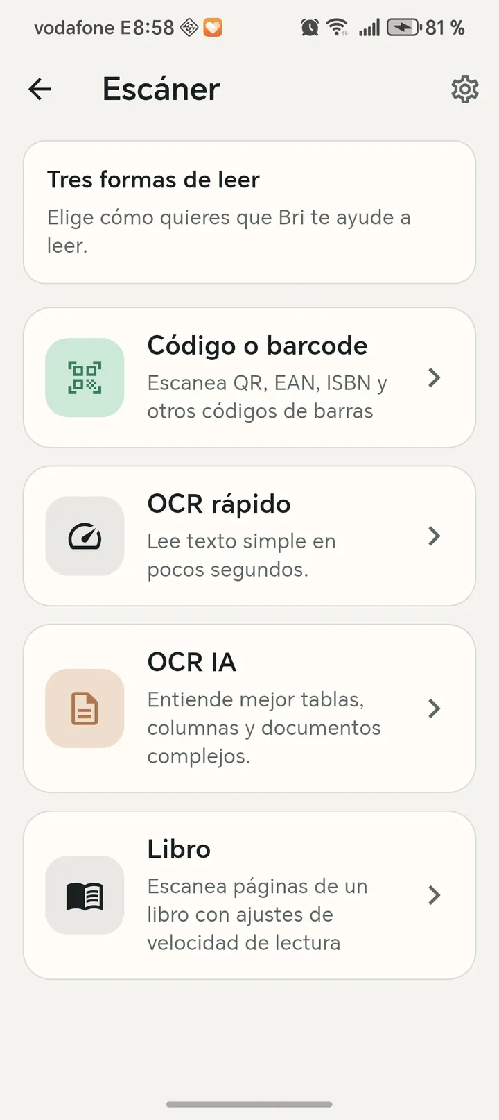 Modos de escáner de Bri Vision: código de barras, OCR rápido, OCR con IA y lectura de libro